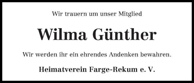 Traueranzeige von Wilma Günther von Die Norddeutsche