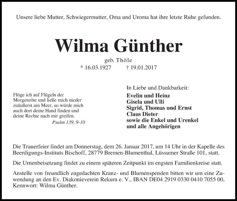 Traueranzeige von Wilma Günther von Die Norddeutsche