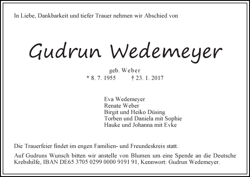 Traueranzeige von Gudrun Wedemeyer von Die Norddeutsche