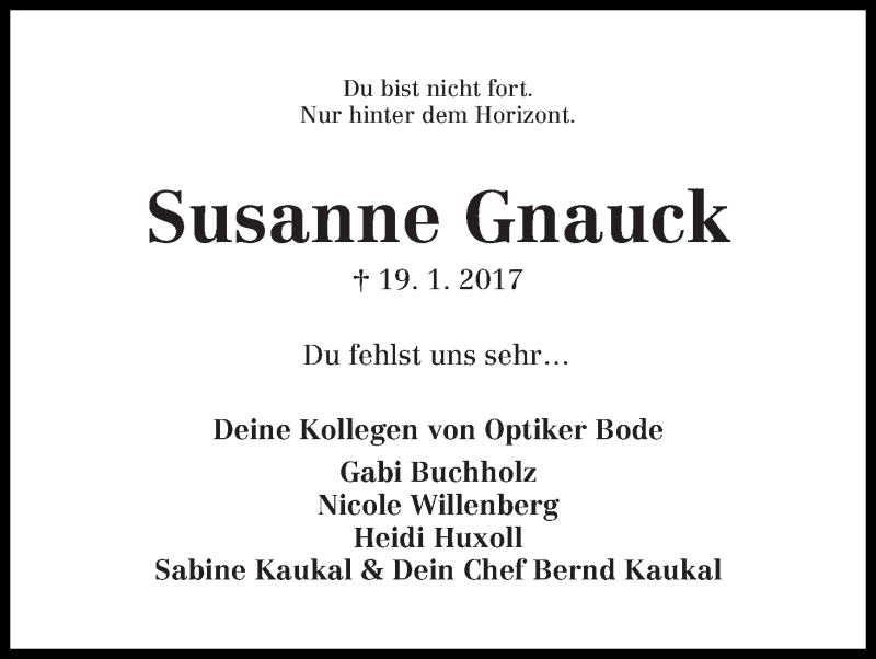 Traueranzeige von Susanne Gnauck von WESER-KURIER