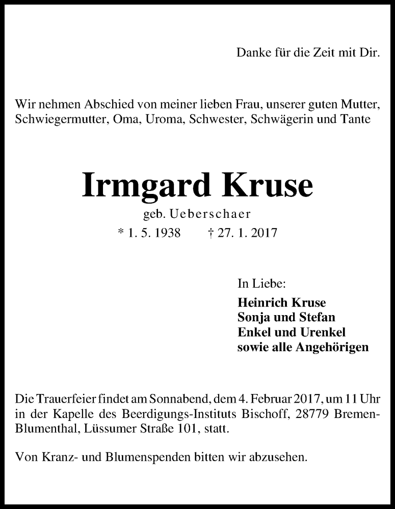 Traueranzeige von Irmgard Kruse von WESER-KURIER