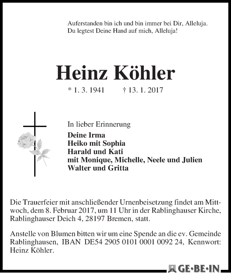 Traueranzeige von Heinz Köhler von WESER-KURIER