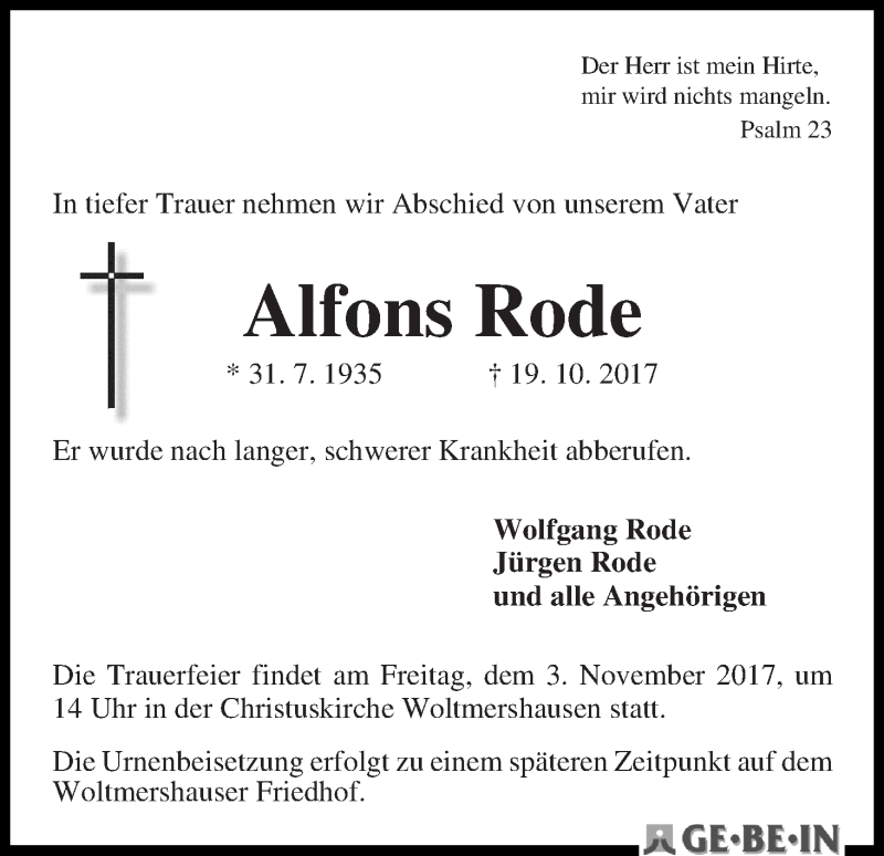 Traueranzeige von Alfons Rode von WESER-KURIER