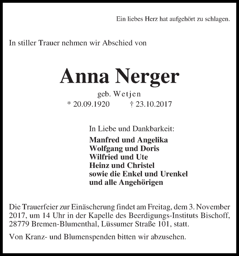 Traueranzeige von Anna Nerger von Die Norddeutsche