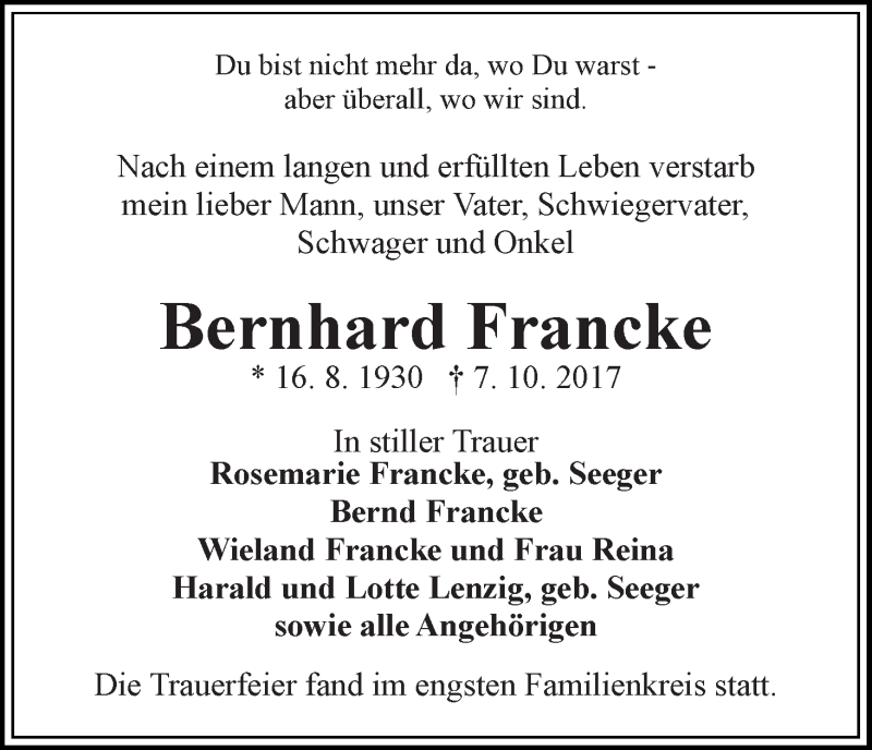 Traueranzeige von Bernhard Francke von WESER-KURIER