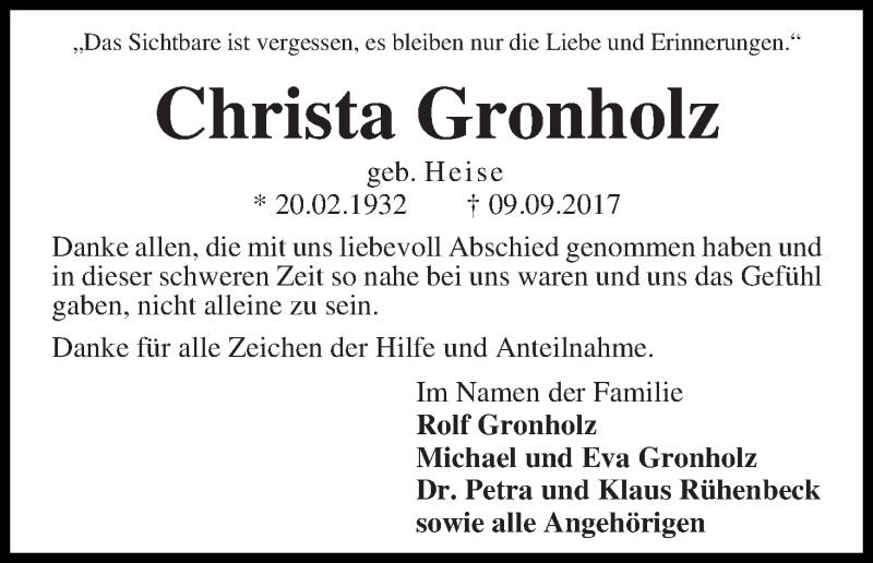 Traueranzeige von Christa Gronholz von WESER-KURIER