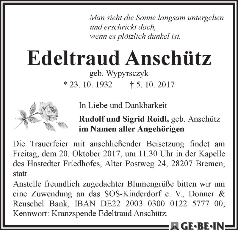 Traueranzeige von Edeltraud Anschütz von WESER-KURIER