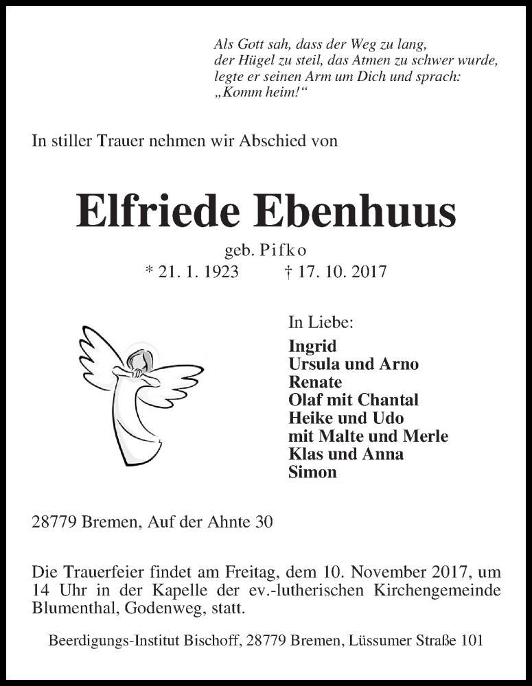 Traueranzeige von Elfriede Ebenhuus von Die Norddeutsche
