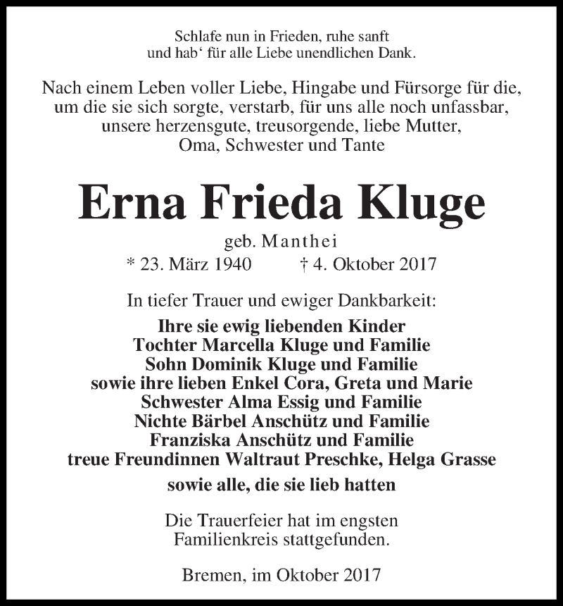 Traueranzeige von Erna Frieda Kluge von WESER-KURIER