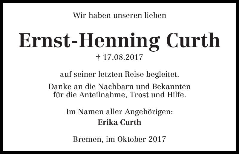 Traueranzeige von Ernst-Henning Curth von Die Norddeutsche