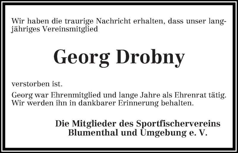 Traueranzeige von Georg Drobny von Die Norddeutsche