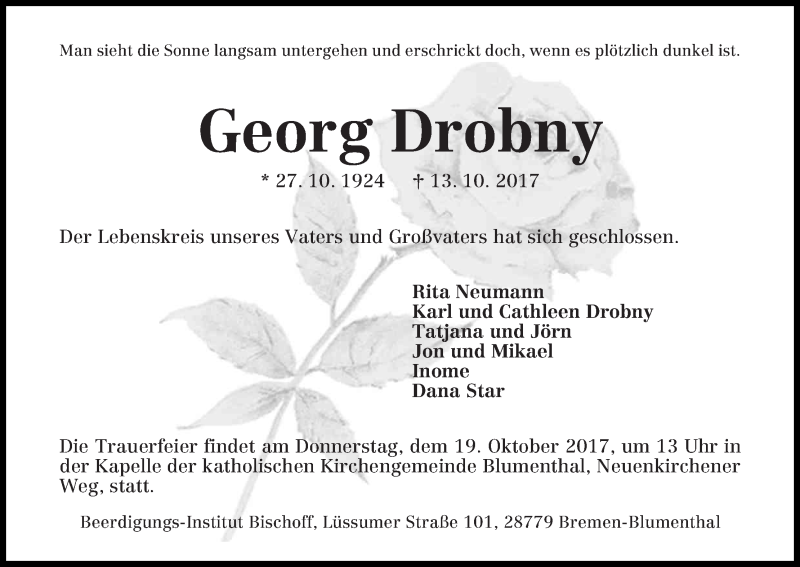 Traueranzeige von Georg Drobny von Die Norddeutsche
