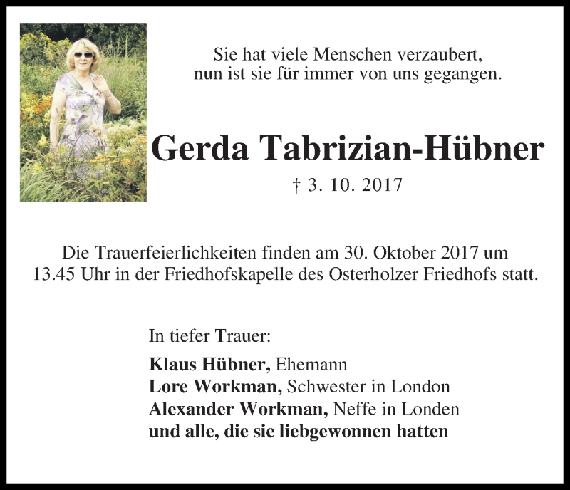 Traueranzeige von Gerda Tabrizian-Hübner von WESER-KURIER