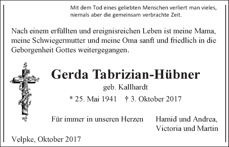 Traueranzeige von Gerda Tabrizian-Hübner von WESER-KURIER