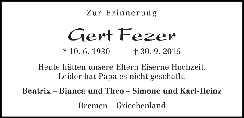 Traueranzeige von Gert Fezer von WESER-KURIER