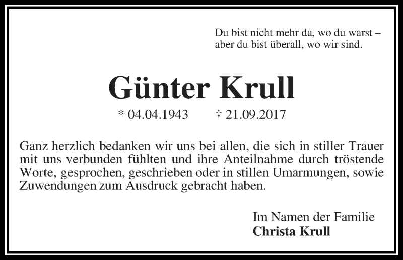 Traueranzeige von Günter Krull von Die Norddeutsche