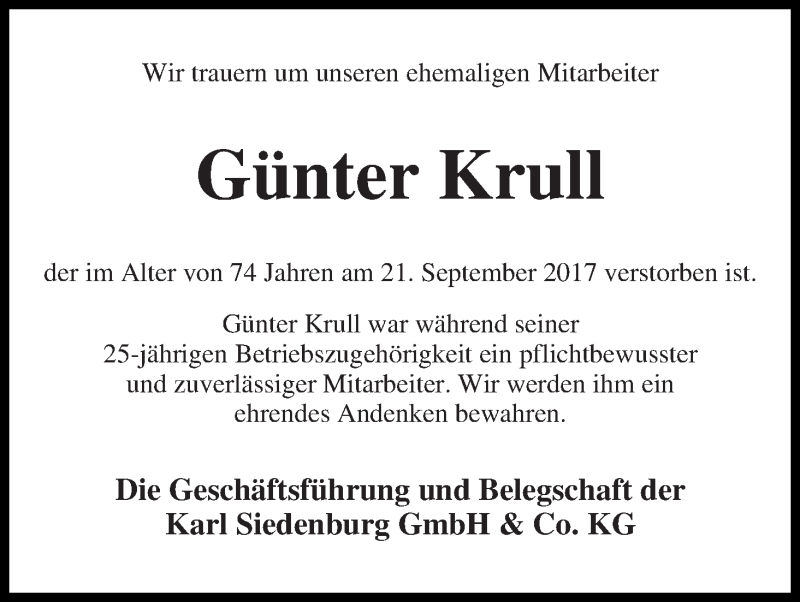Traueranzeige von Günter Krull von Die Norddeutsche