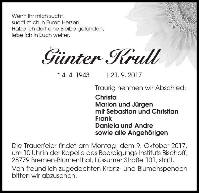 Traueranzeige von Günter Krull von Die Norddeutsche