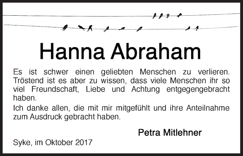 Traueranzeige von Hanna Abraham von WESER-KURIER