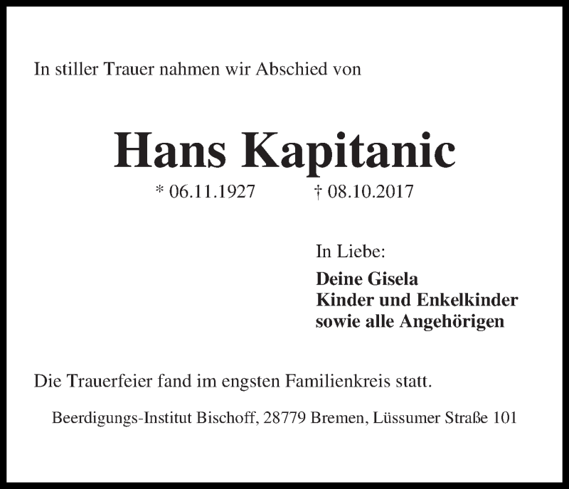 Traueranzeige von Hans Kapitanic von Die Norddeutsche