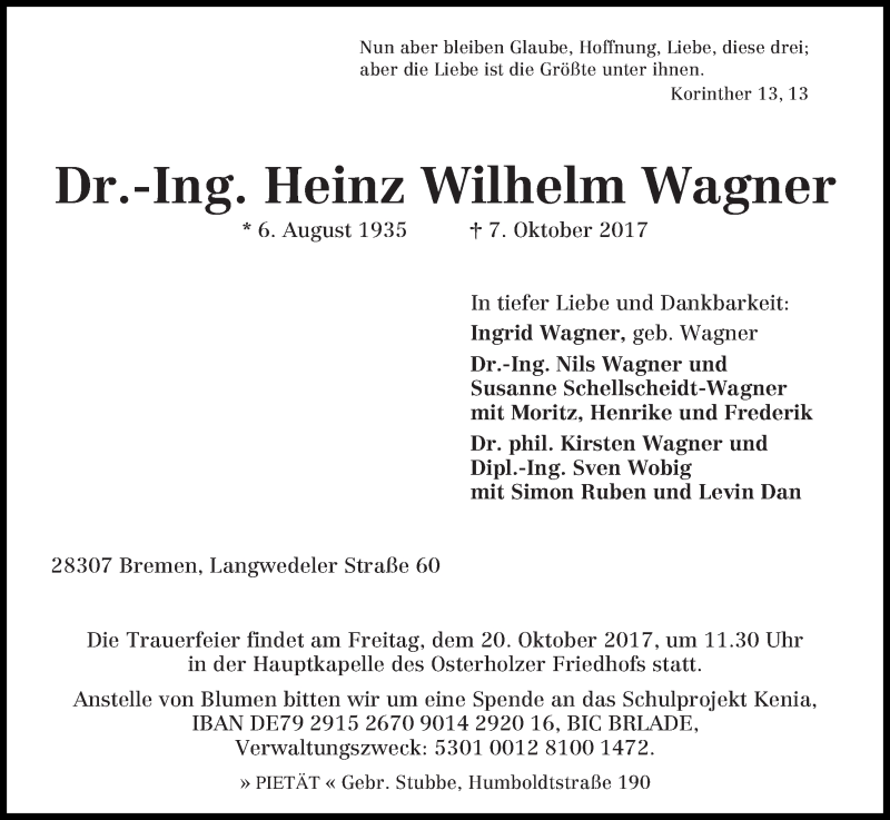 Traueranzeige von Heinz Wilhelm Wagner von WESER-KURIER