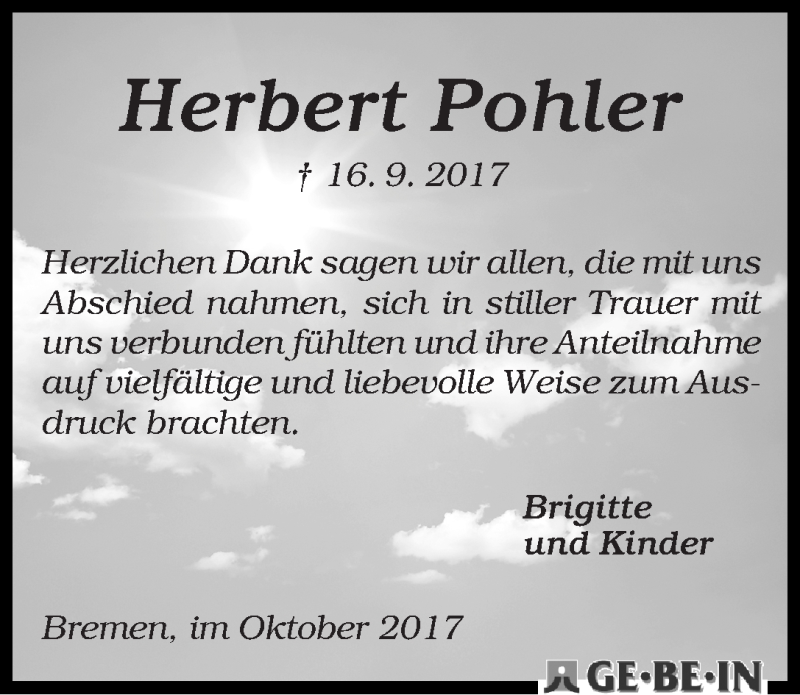 Traueranzeige von Herbert Pohler von WESER-KURIER