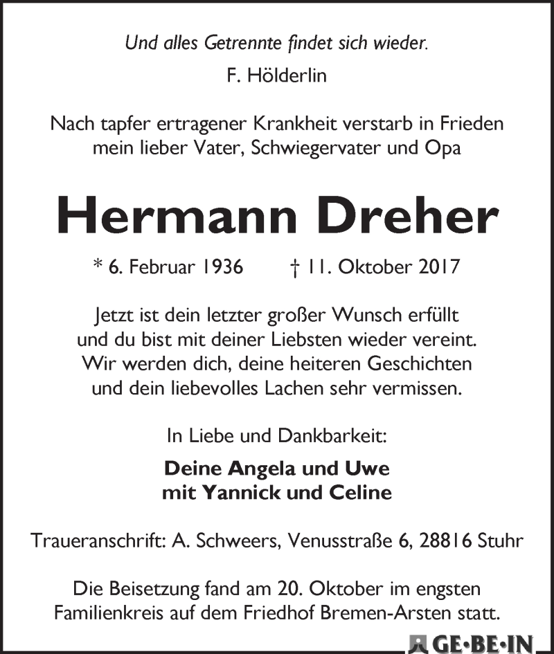 Traueranzeige von Hermann Dreher von WESER-KURIER