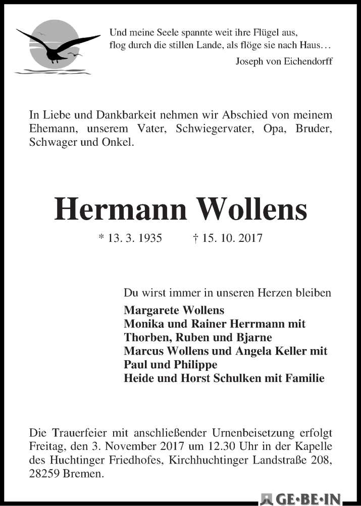 Traueranzeige von Hermann Wollens von WESER-KURIER