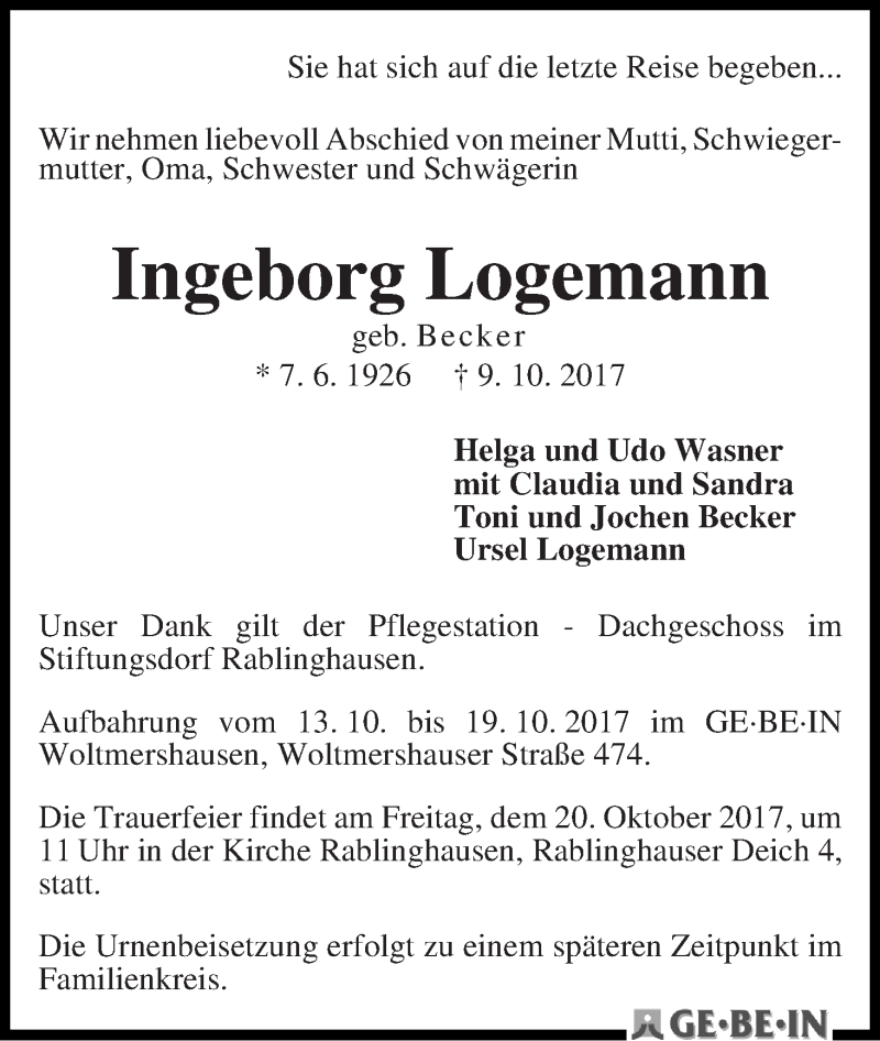 Traueranzeige von Ingeborg Logemann von WESER-KURIER