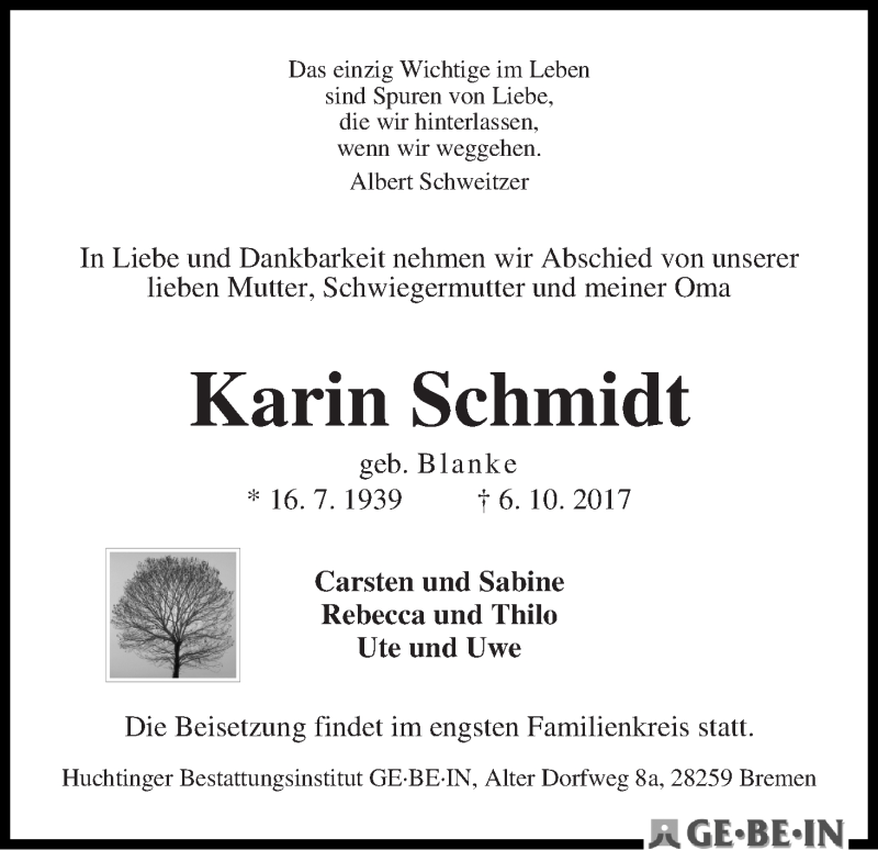 Traueranzeige von Karin Schmidt von WESER-KURIER