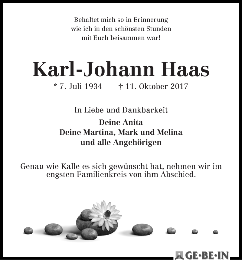 Traueranzeige von Karl-Johann Haas von WESER-KURIER