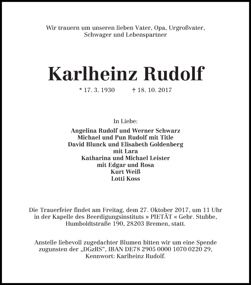 Traueranzeige von Karlheinz Rudolf von WESER-KURIER