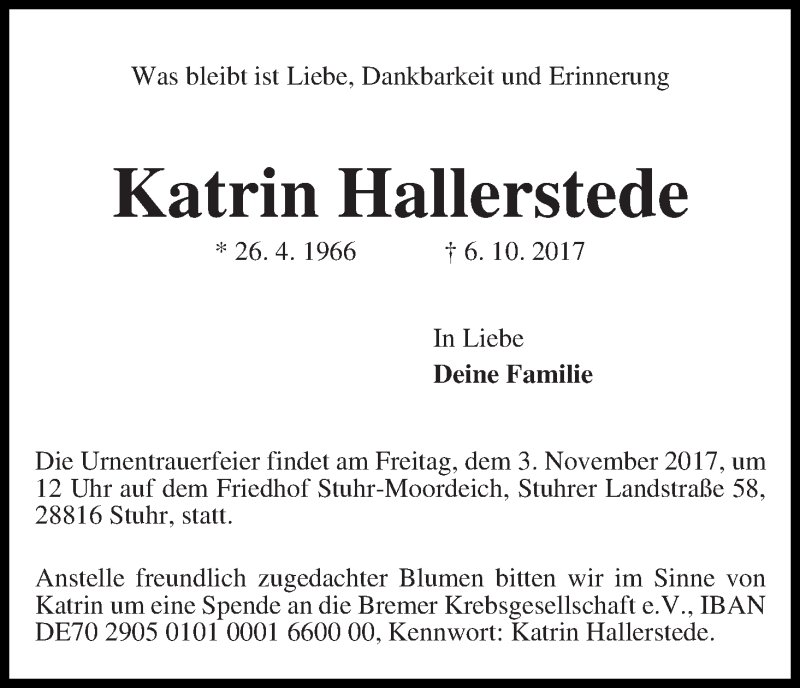 Traueranzeige von Katrin Hallerstede von WESER-KURIER