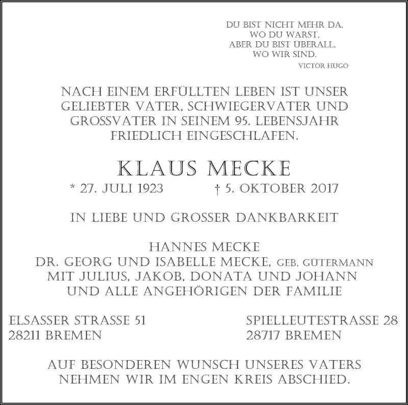 Traueranzeige von Klaus Mecke von WESER-KURIER
