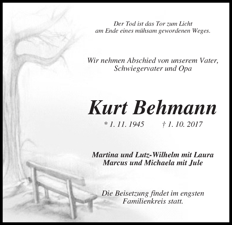 Traueranzeige von Kurt Behmann von WESER-KURIER