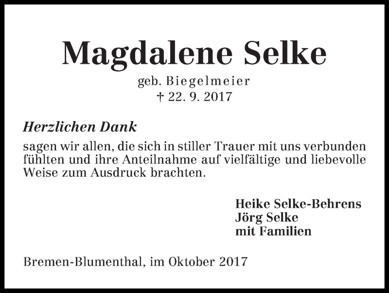 Traueranzeige von Magdalene Selke von Die Norddeutsche