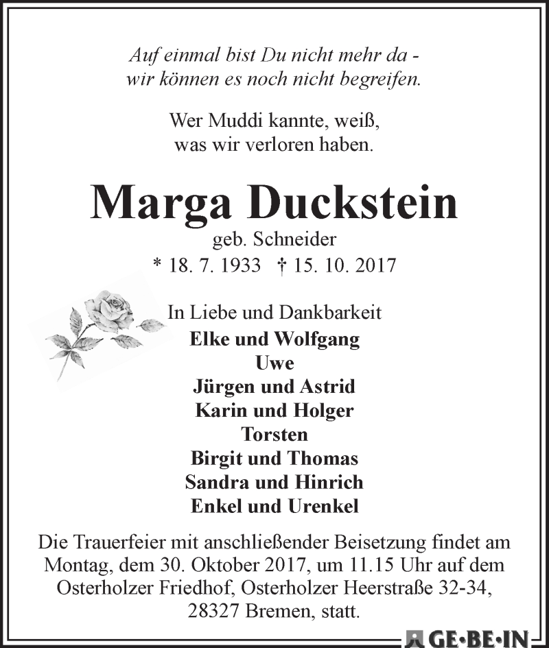 Traueranzeige von Marga Duckstein von WESER-KURIER