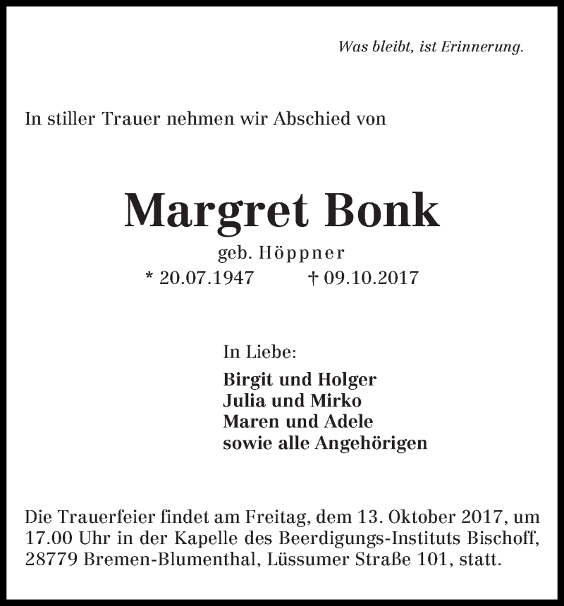 Traueranzeige von Margret Bonk von Die Norddeutsche