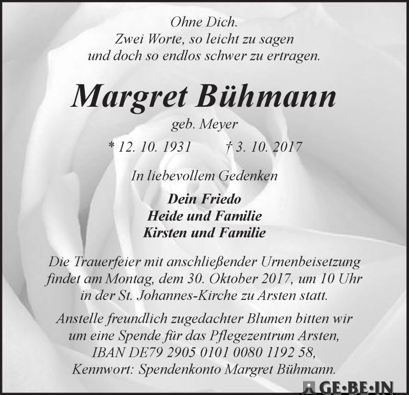 Traueranzeige von Margret Bühmann von WESER-KURIER