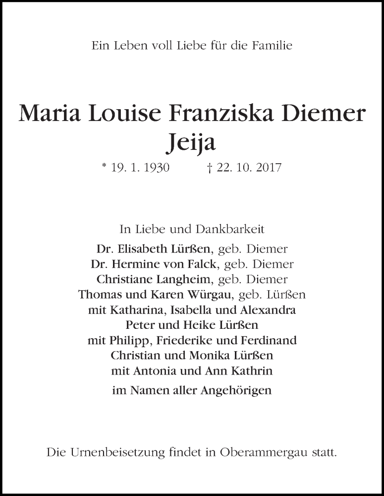 Traueranzeige von Maria Louise Franziska (Jeija) Diemer von Die Norddeutsche