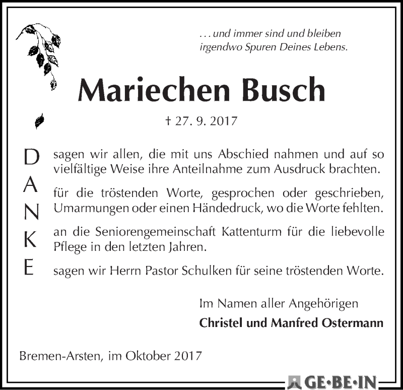 Traueranzeige von Mariechen Busch von WESER-KURIER