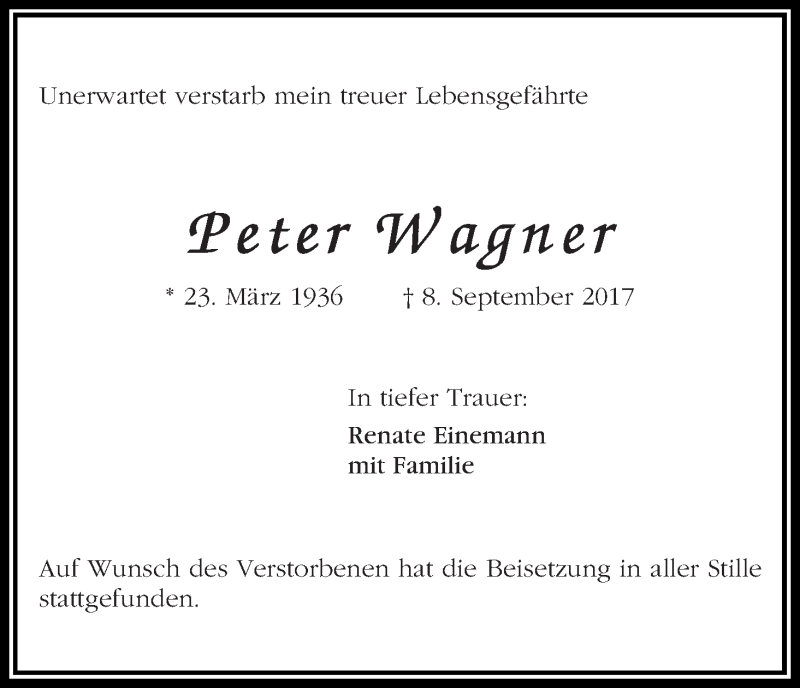Traueranzeige von Peter Wagner von Die Norddeutsche