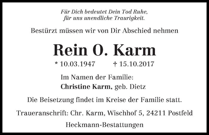 Traueranzeige von Rein O. Karm von WESER-KURIER