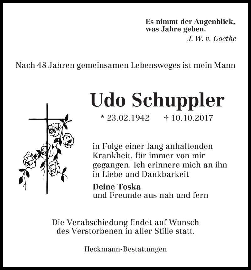 Traueranzeige von Udo Schuppler von Die Norddeutsche