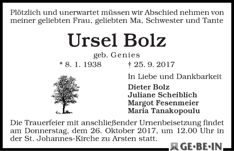 Traueranzeige von Ursel Bolz von WESER-KURIER