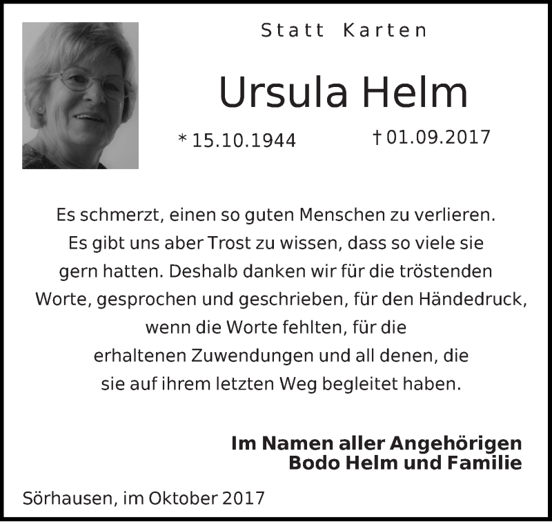 Traueranzeige von Ursula (Ursel) Helm von Regionale Rundschau/Syker Kurier