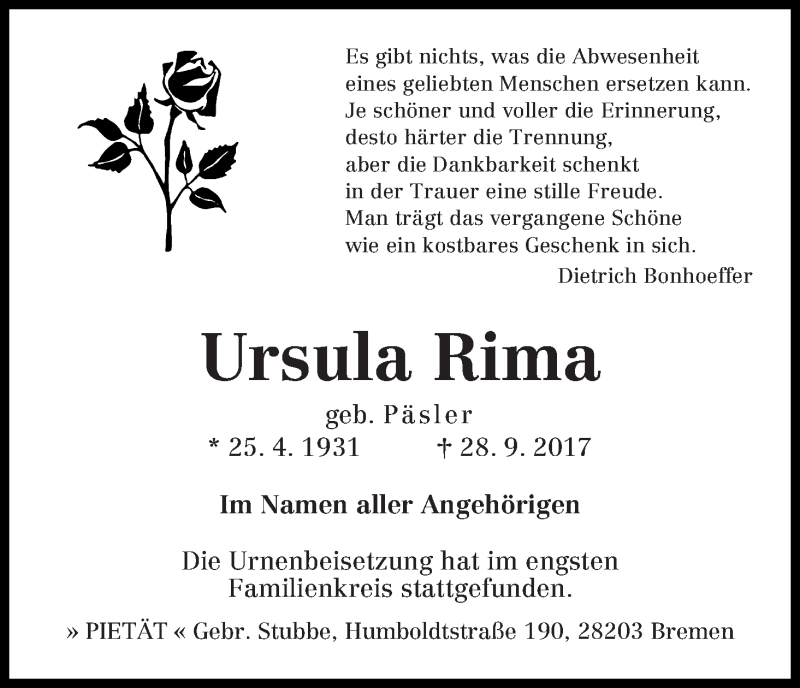 Traueranzeige von Ursula Rima von WESER-KURIER