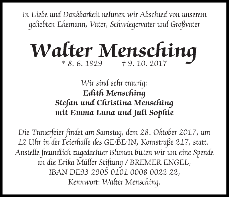 Traueranzeige von Walter Mensching von WESER-KURIER