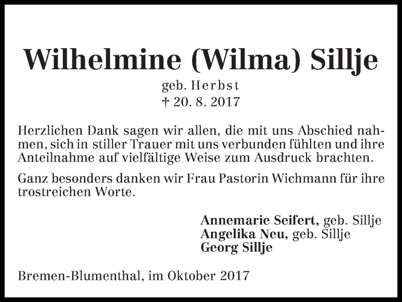 Traueranzeige von Wilhelmine (Wilma) Sillje von Die Norddeutsche