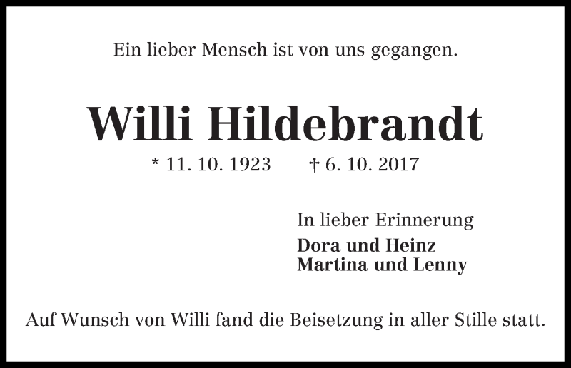 Traueranzeige von Willi Hildebrandt von WESER-KURIER